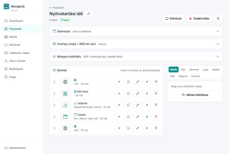 A SignDeck Kijelző playlist-szerkesztője: öt elem – weboldal, hírcsatorna, időjárás és naptár – megadott hosszal