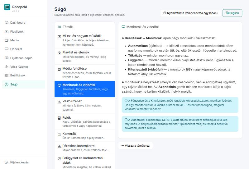 A programba épített súgó: témalista bal oldalon, a kiválasztott téma szövege jobb oldalon, fent nyelvváltó és nyomtatható változat